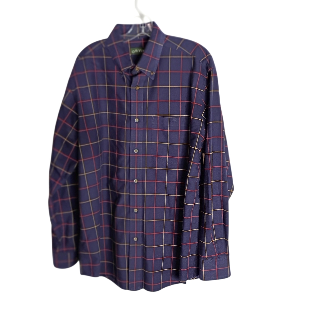 Orvis - Men's Navy Windowpane Button-Up Shirt - Size L